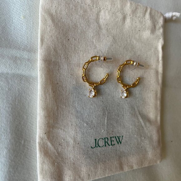 J. Crew Chainlink Gold-Plated Hoop Earrings with Crystals New - Picture 2 of 3